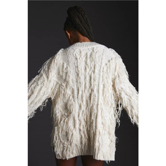 By Anthropologie Fringed Pullover Sweater Ivory White w/ Shimmer - Medium. - Picture 3 of 16